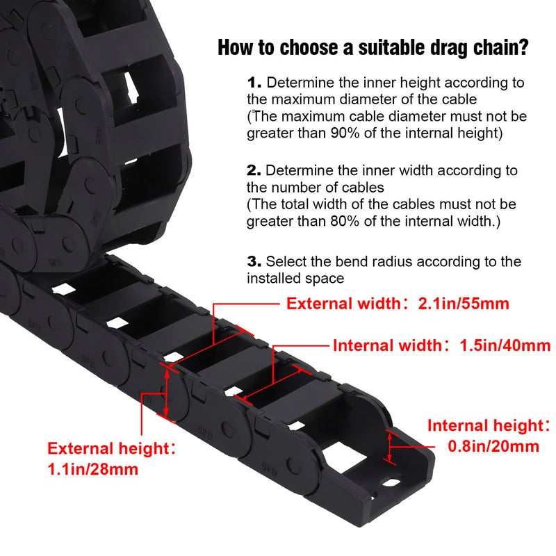 LMioEtool R45 20mm x 40mm(Inner H x Inner W) Black Plastic Cable Wire Carrier Drag Chain 1M Length for CNC, with End Connectors - Bridge Type (Inner Side openable) - Image 3